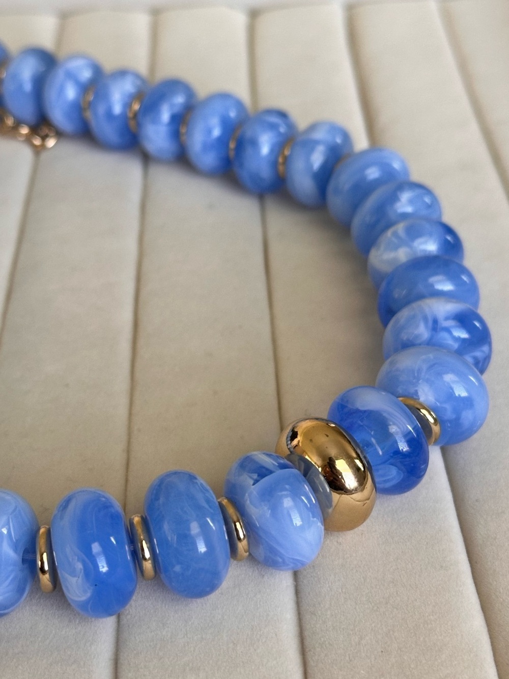 Light Blue Marbled Bead Necklace with Gold Accent